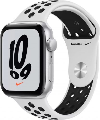 Apple Watch Nike SE, 44 мм, корпус из алюминия серебристого цвета спортивный ремешок Nike цвета «чистая платина/чёрный»