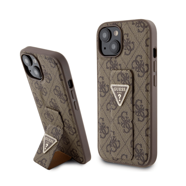 Чехол Guess GripStand PU 4G with Triangle Diamond metal logo Hard для iPhone 15, Brown