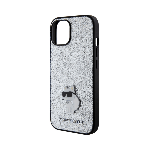 Чехол Karl Lagerfeld Fixed glitters NFT Choupette Metal pin Hard для iPhone 15, Silver