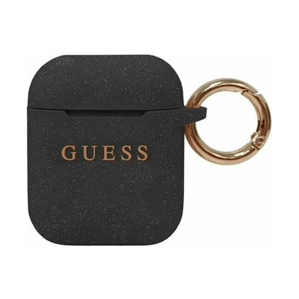 Чехол Guess для Airpods 1/2 Silicone with ring Glitter/Black