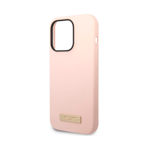Чехол Guess Liquid Silicone Plate metal logo Hard для iPhone 14 Pro, Pink  (Magsafe)